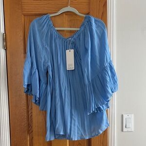 Flowy Blue Blouse with Ruffled Sleeves